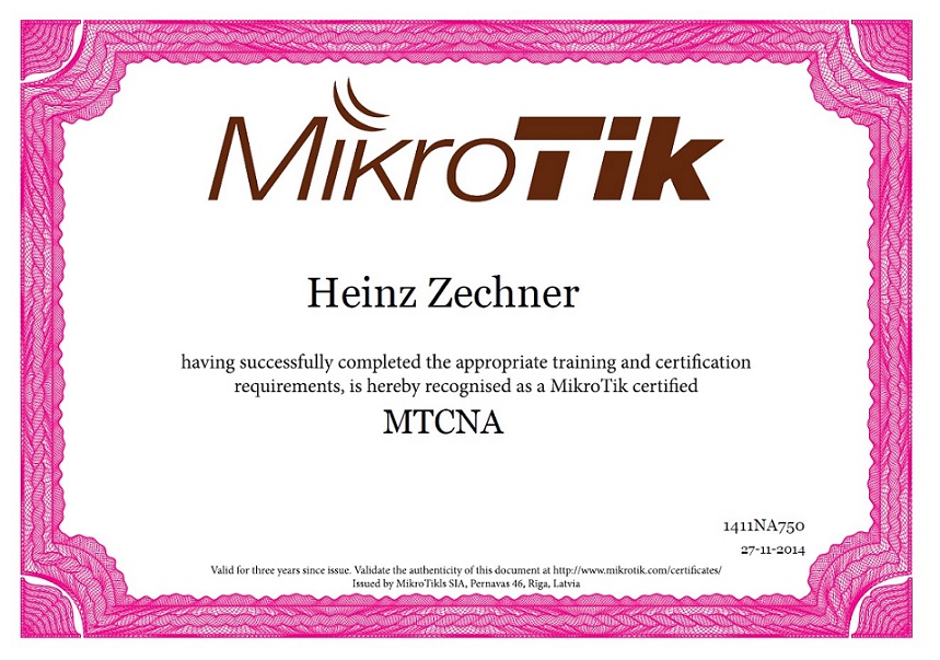 MikroTik Zertifikat des Firmeneigentümers Heinz Zechner als MikroTik Certified Network Associate